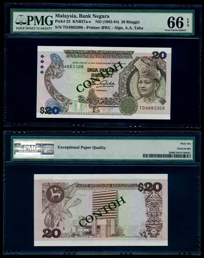 Malaysia $20 1982-84 PMG Gem UNC66EPQ: Malaysia $20, (1982-84), 5th series, sign. Aziz Taha, (KNB.27d), serial no. TD 4883308, PMG Gem UNC66EPQ.