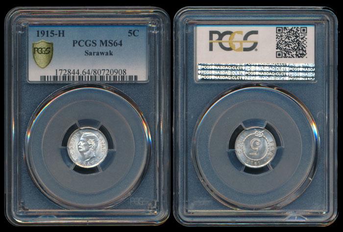 Sarawak C Brooke 5c 1915H PCGS MS64: Sarawak C. Brooke, 5 Cents, (KM.8), 1915H, PCGS MS64.