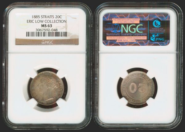 Straits Settlements QV 20C 1885 NGC MS63: Straits Settlements QV 20C 1885 NGC MS63From the Eric Low Collection