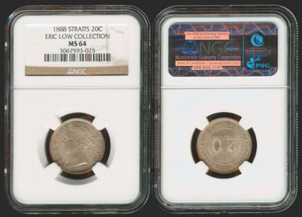 Straits Settlements QV 20C 1888 NGC MS64: Straits Settlements QV 20C 1888 NGC MS64From the Eric Low Collection