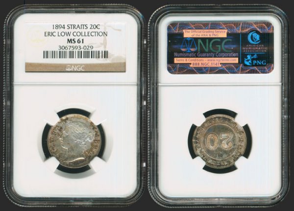Straits Settlements QV 20C 1894 NGC MS61: Straits Settlements QV 20C 1894 NGC MS61From the Eric Low Collection