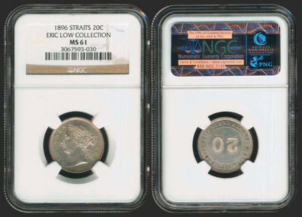 Straits Settlements QV 20C 1896 NGC MS61: Straits Settlements QV 20C 1896 NGC MS61From the Eric Low Collection