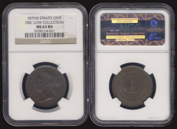 Straits Settlements QV 1C 1875W NGC MS63BN