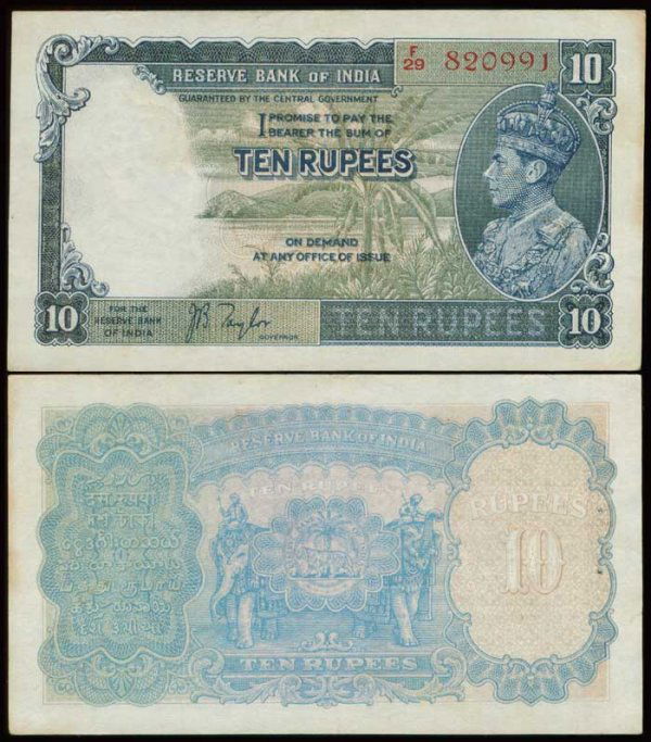 India 10 Rupees 1937 KGVI P19a VF: India Reserve Bank of India, 10 Rupees, ND, sign. Taylor, (1937), King George VI, (P.19a), serial no. F/29 820991, usual shs., foxing, pressed,