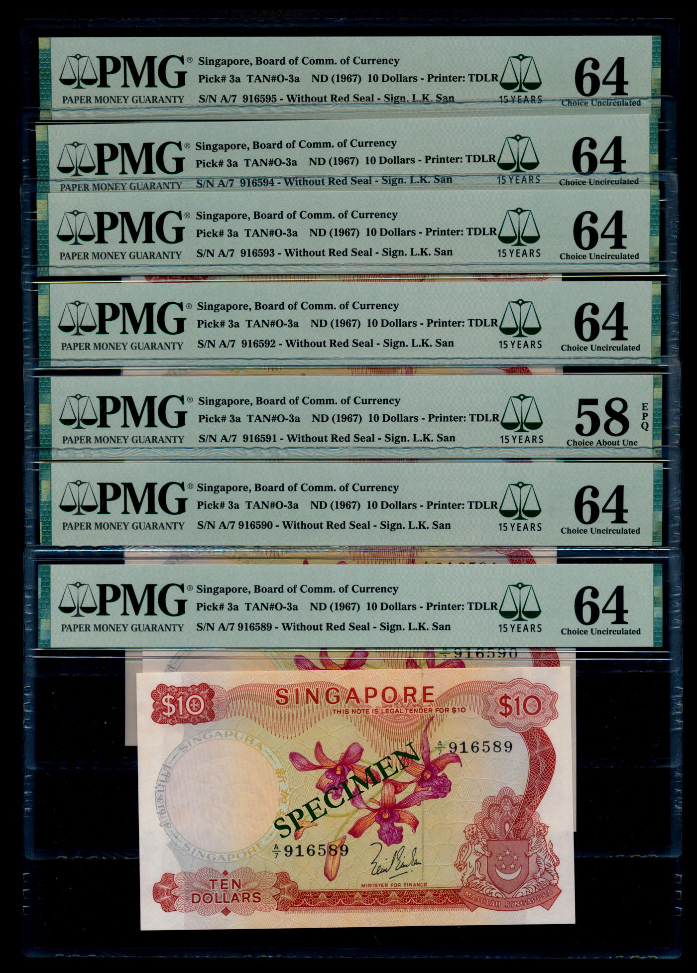 Singapore 7x$10 1967 LKS PMG: Singapore $10, (1967), orchids, sign. Lim Kim San, serial nos. A/7 916589 to 595, 7 consecutive notes; the serial no. A/7 916591 graded PMG Choice AU58EPQ; all others graded PMG Choice UNC64. (7)