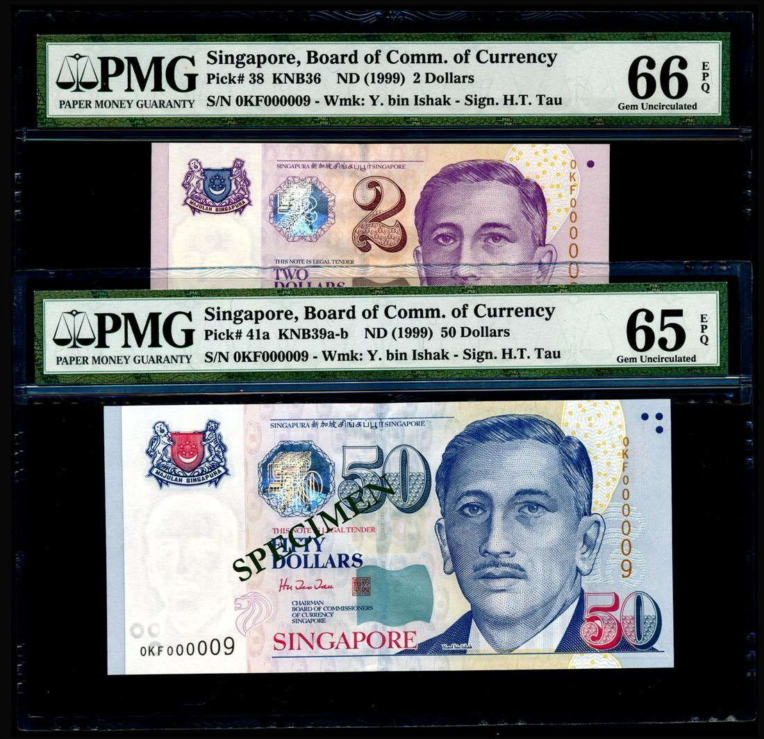 2 Singapore $2-$50 1999 HTT 0KF 000009 PMG: Singapore $2, $50, (1999), President Ishak, BCCS, sign. Hu Tsu Tau, both same serial no. 0KF 000009 (Super Serial Number 9), graded PMG Gem UNC66EPQ and Gem UNC65EPQ respectively. (2)