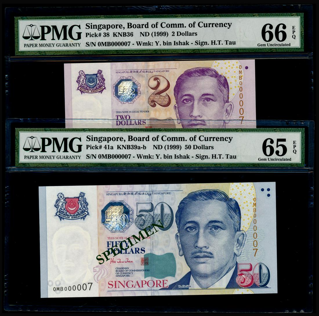 2 Singapore $2-$50 1999 HTT 0MB 000007 PMG: Singapore $2, $50, (1999), President Ishak, BCCS, sign. Hu Tsu Tau, both same serial no. 0MB 000007 (Super Serial Number 7), graded PMG Gem UNC66EPQ and Gem UNC65EPQ respectively. (2)