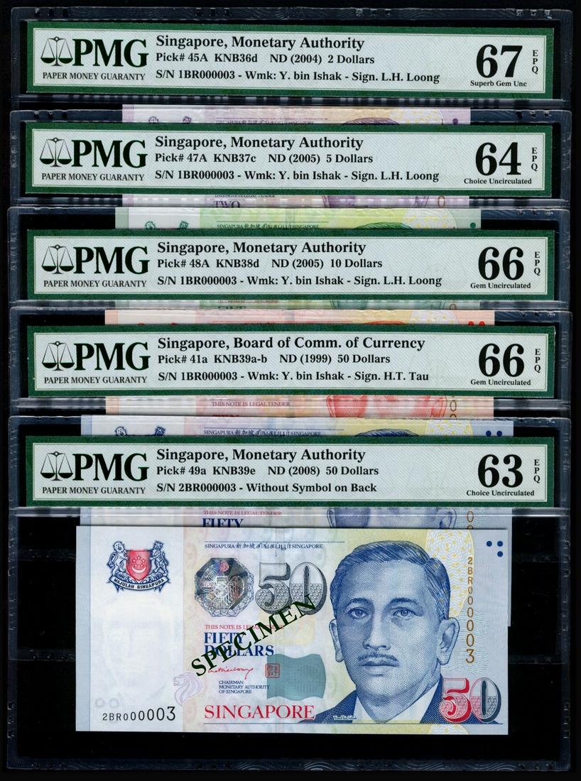 5 Singapore $2-$50 1999-2008 PMG: Singapore $2, $5, $10, $50, 2004-08, President Ishak, MAS, sign. Lee Hsien Loong; the $2, $5, $10 serial nos. 1BR 000003; graded PMG Superb Gem UNC67EPQ, Choice UNC64EPQ, and Gem UNC66EPQ respectively