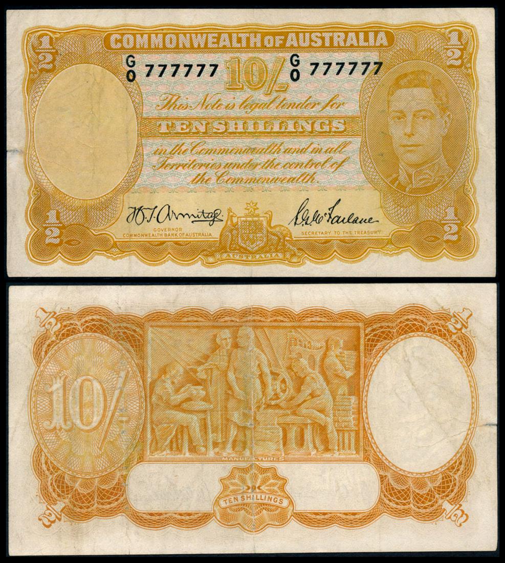 Australia 10 Shillings 1939-52 KGVI: Australia Commonwealth Bank of Australia, 10 Shillings, ND (1939-52), King George VI, sign. Armitage/McFarlane (1942), (P.25b), serial no. G/O 777777, tear on left margin, stains, ageing, VF.