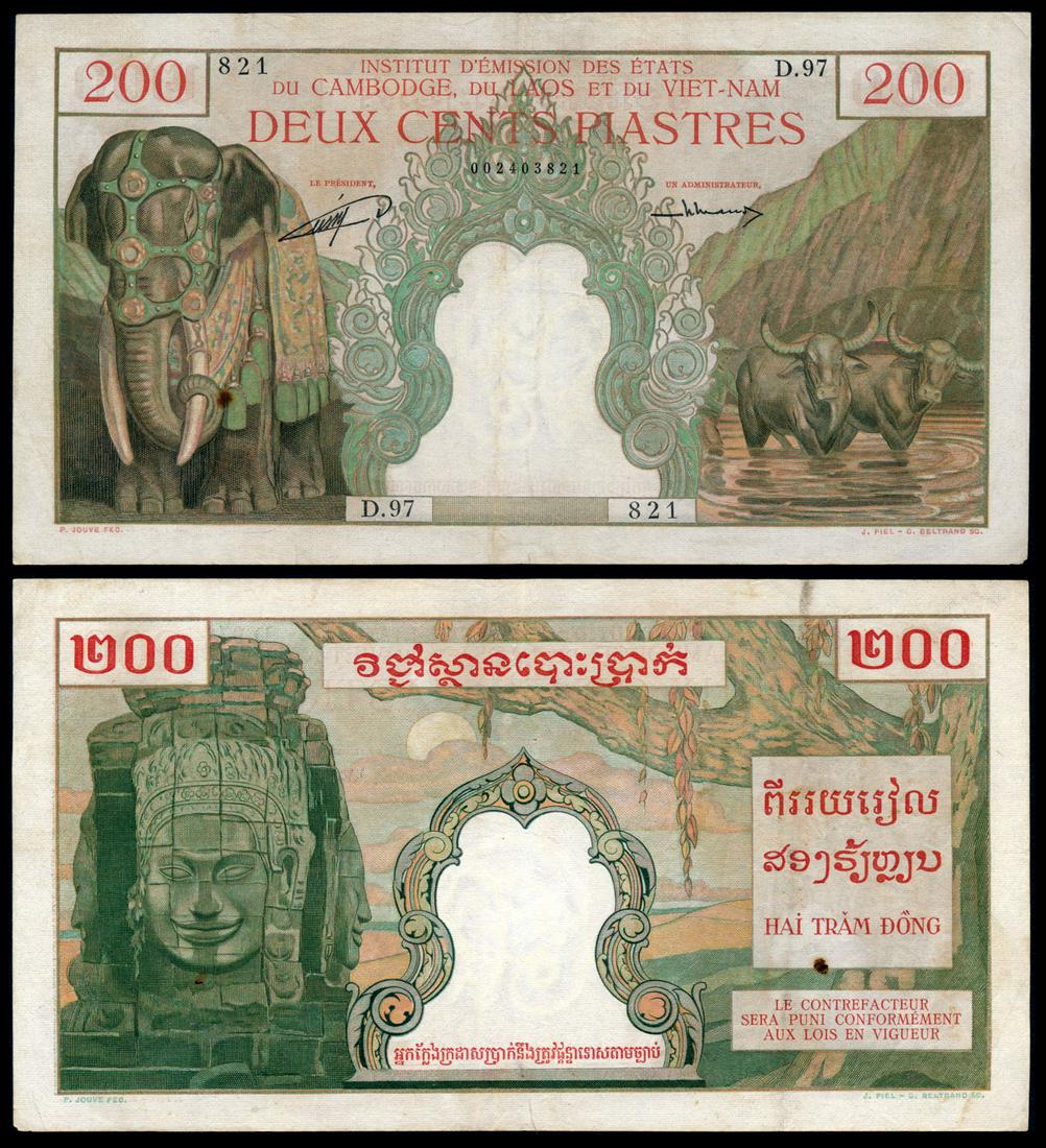 French Indo-China 200 Piastres 1953: French Indo-China 200 Piastres = 200 Riels, Cambodia issue, ND (1953), (P.98), serial no. 821 D.97, stains, ageing, VF.
