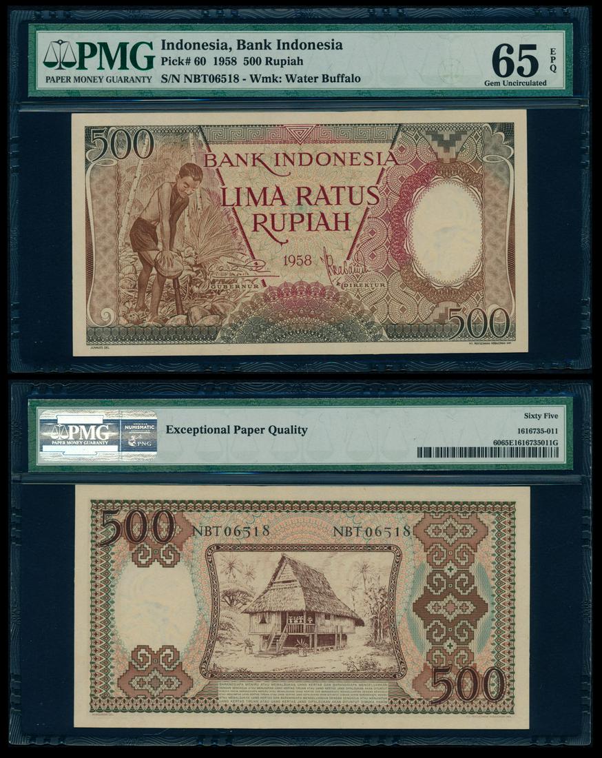 Indonesia 500 Rupiah 1958 PMG: Indonesia Bank Indonesia, 500 Rupiah, 1958, (P.60), serial nos. NBT 06518, wmk: Water Buffalo, PMG Gem UNC65EPQ.