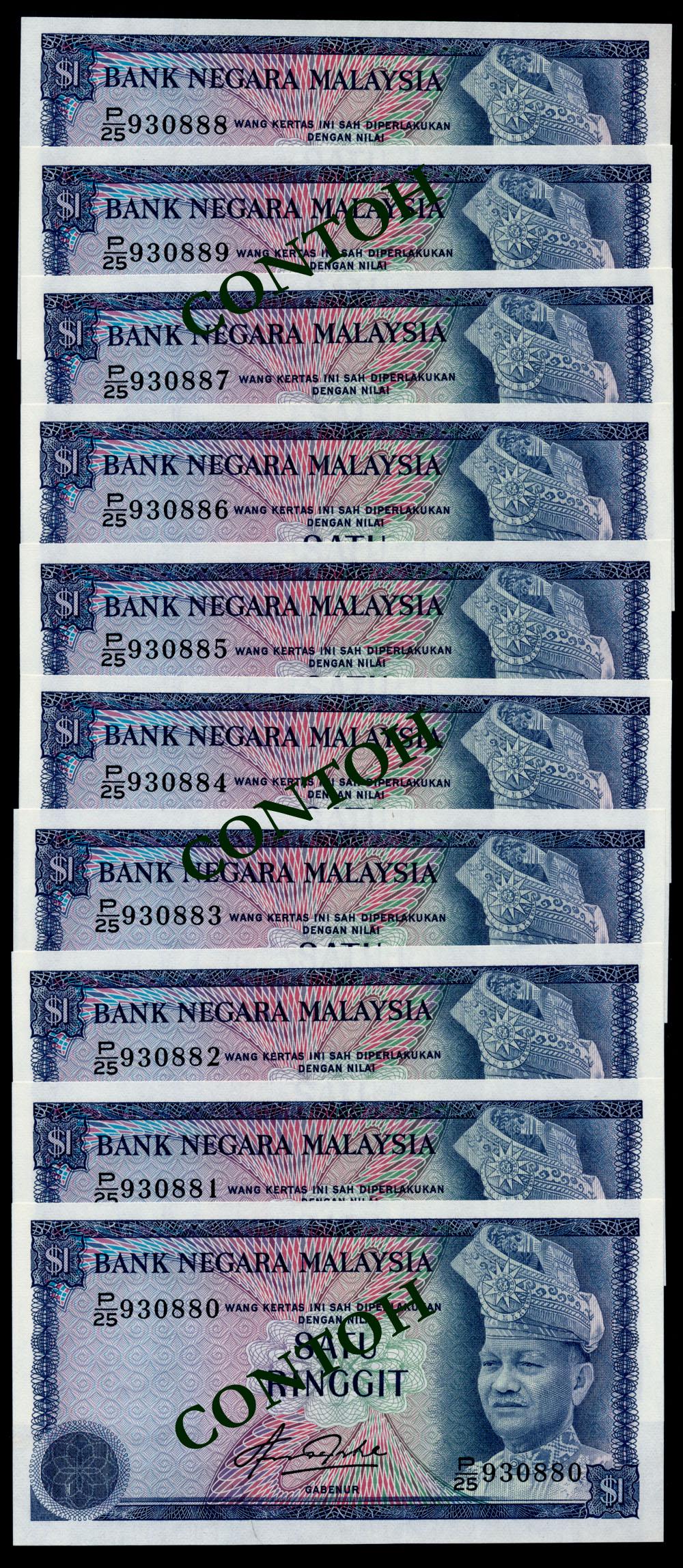 Malaysia 10x$1 1981-83: Malaysia $1, (1981-83), 4th series, sign. Aziz Taha, (KNB.19b), serial nos. P/25 930880 to 889, 10 consecutive notes, the serial no. P/25 930888 with small blob on bottom margin, some with ageing, gen