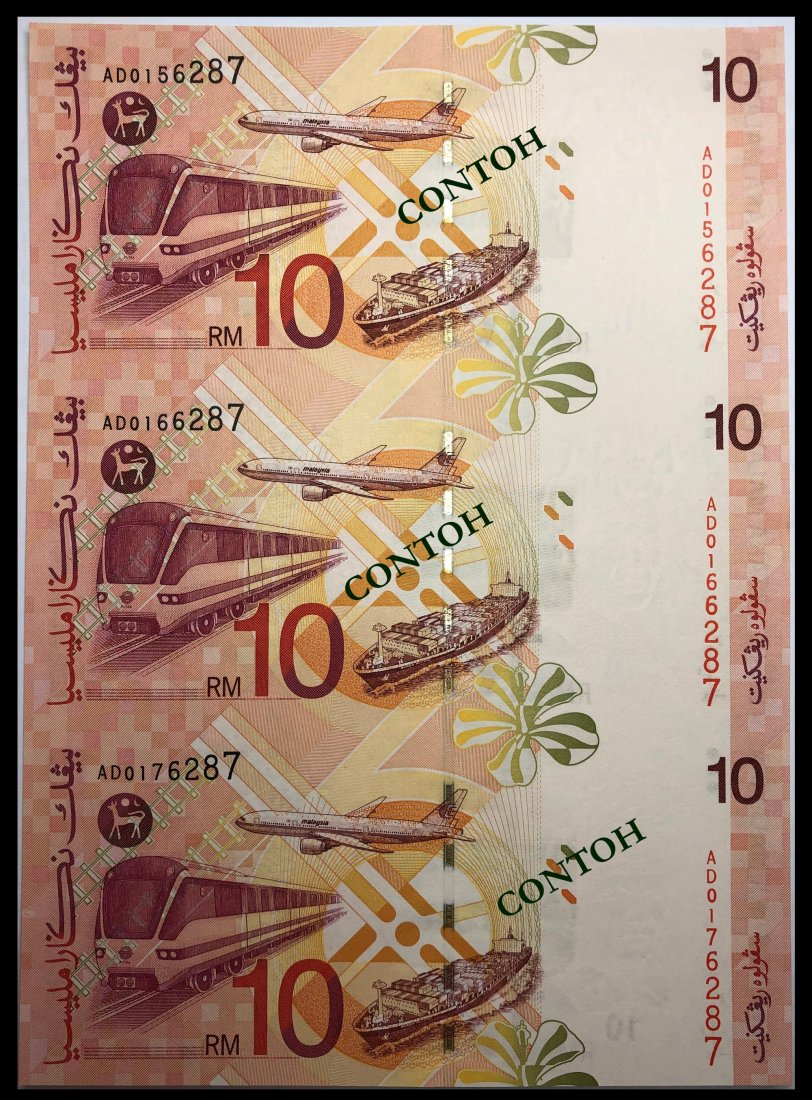 World banknotes of Malaysia: World banknotes of MalaysiaWorld Malaysia: RM10, (1996-98), 8th series, sign. Ahmad Md. Don, (KNB.47b (old no. KNB.47a)), uncut sheet of 3, serial nos. AD 0156287, AD 0166287, AD 0176287, AU-UNC. (1 s