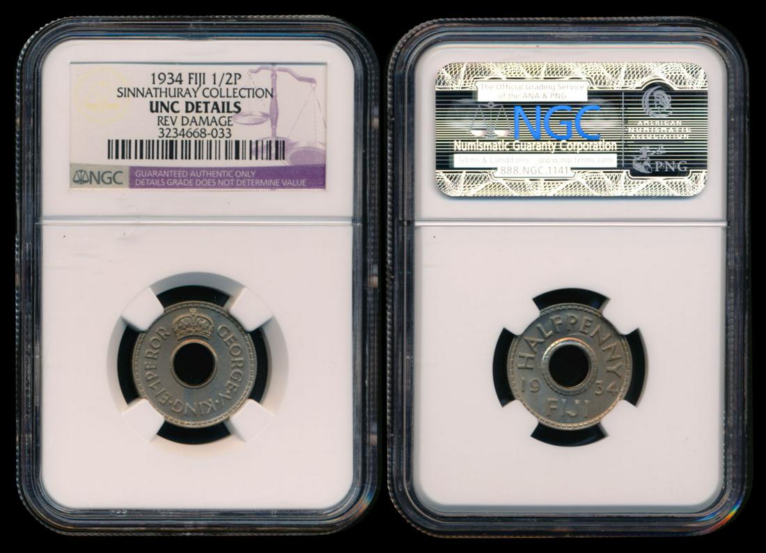 Fiji KGV 1/2 Penny 1934 NGC: Fiji George V, Half Penny, (KM.1), 1934, NGC UNC Details - rev. damage. From the Sinnathuray Family Collection.