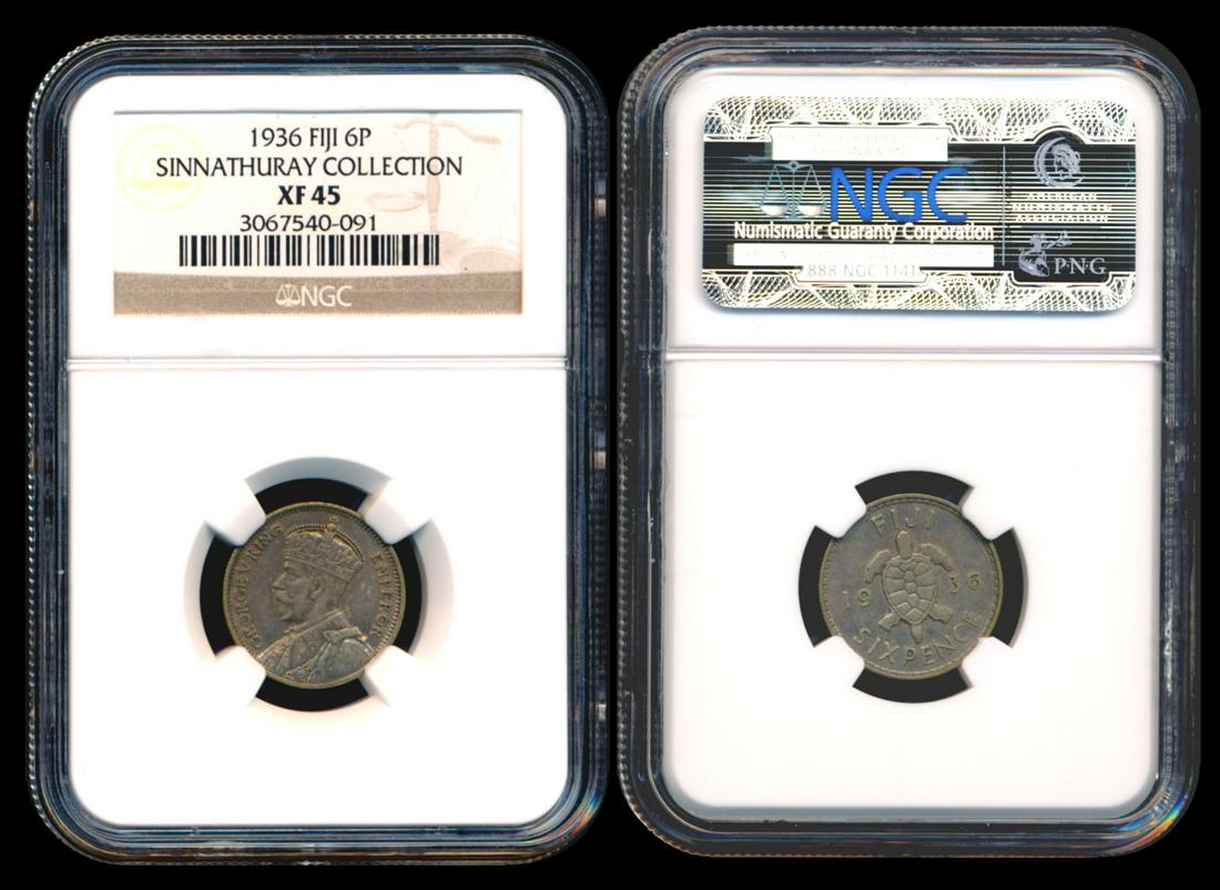 Fiji KGV 6 Pence 1936 NGC XF45: Fiji George V, 6 Pence, (KM.3), 1936, NGC XF45. From the Sinnathuray Family Collection.