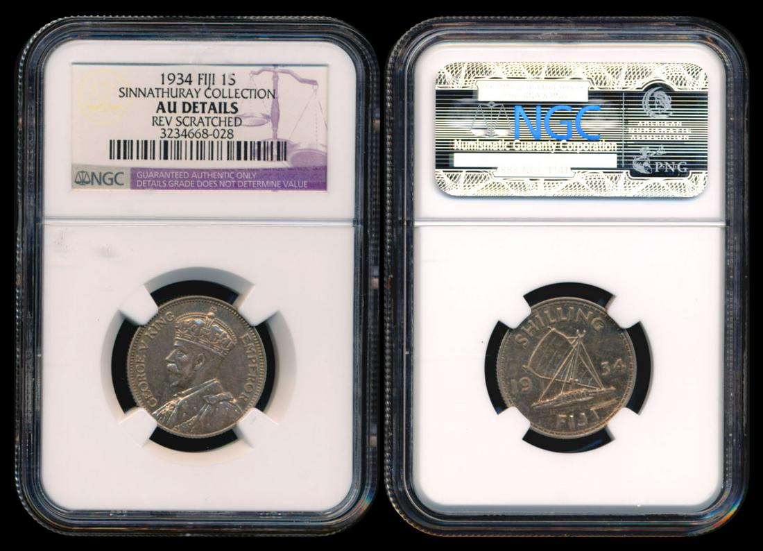 Fiji KGV Shilling 1934 NGC: Fiji George V, Shilling, (KM.4), 1934, NGC AU Details - rev. scratched. From the Sinnathuray Family Collection.