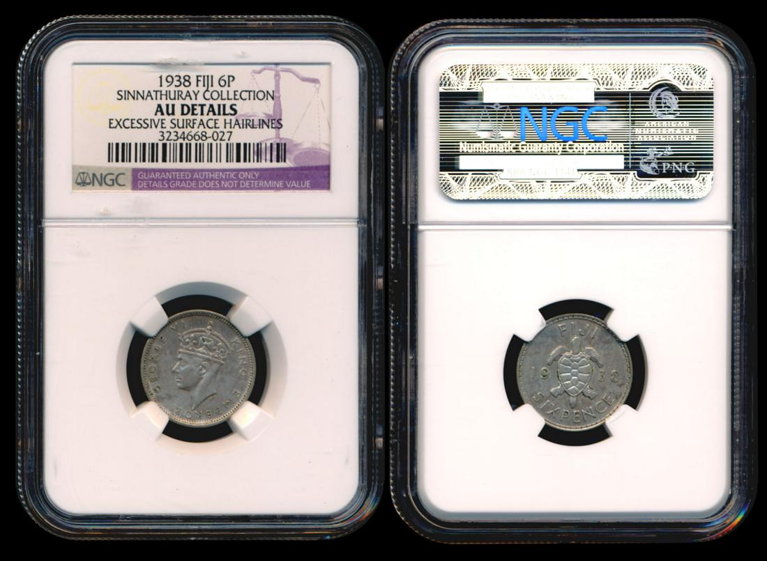 Fiji KGVI 6 Pence 1938 NGC: Fiji George VI, 6 Pence, (KM.11), 1938, NGC AU Details - excessive surface hairlines. From the Sinnathuray Family Collection.
