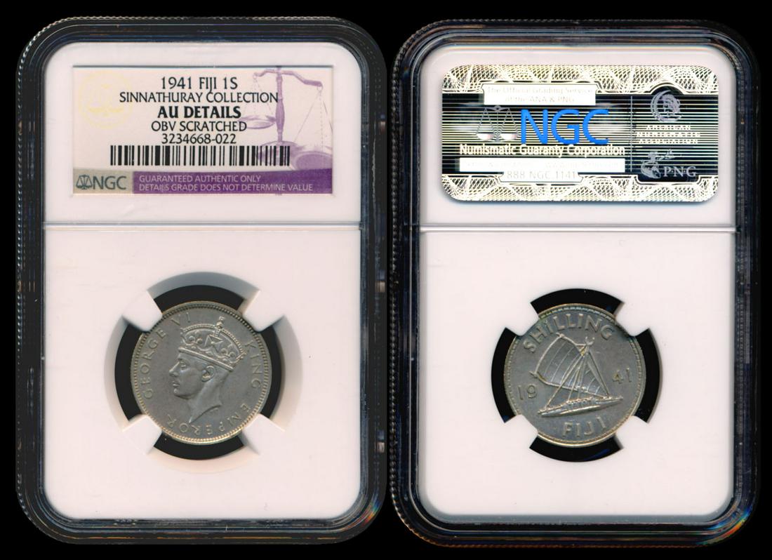 Fiji KGVI Shilling 1941 NGC: Fiji George VI, Shilling, (KM.12), 1941, NGC AU Details - obv. scratched. From the Sinnathuray Family Collection.