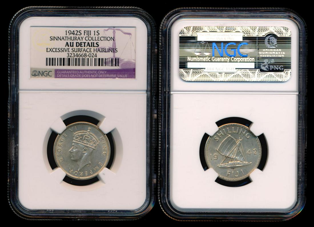 Fiji KGVI Shilling 1942S NGC AU: Fiji George VI, Shilling, (KM.12a), 1942S, NGC AU Details - excessive surface hairlines. From the Sinnathuray Family Collection.