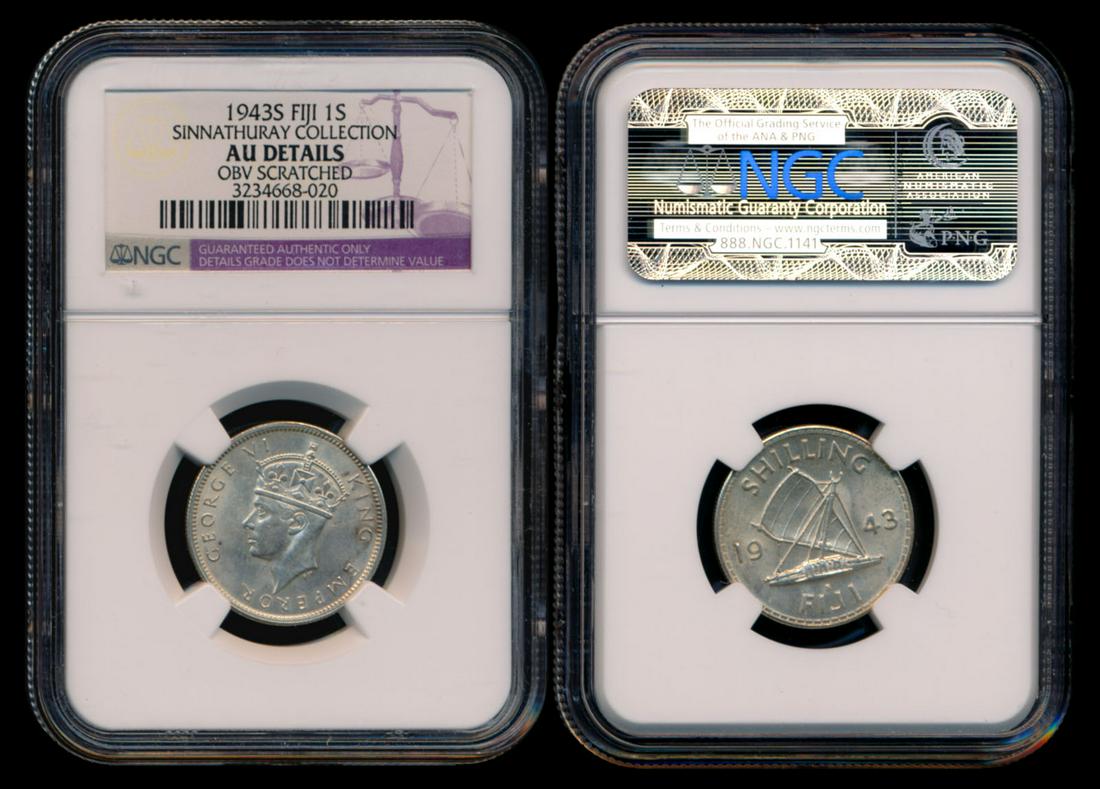 Fiji KGVI Shilling 1943S NGC AU: Fiji George VI, Shilling, (KM.12a), 1943S, NGC AU Details - obv. scratched. From the Sinnathuray Family Collection.