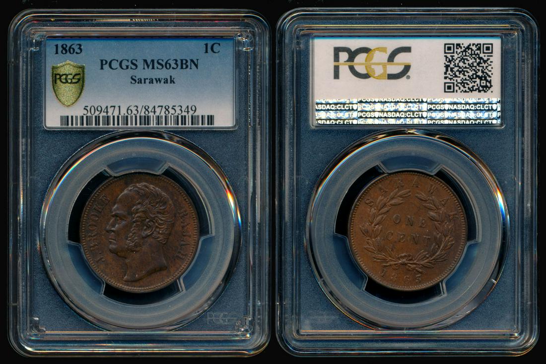 Sarawak J Brooke 1c 1863 PCGS MS63BN: Sarawak J. Brooke, Cent, (KM.3), 1863, PCGS MS63BN.