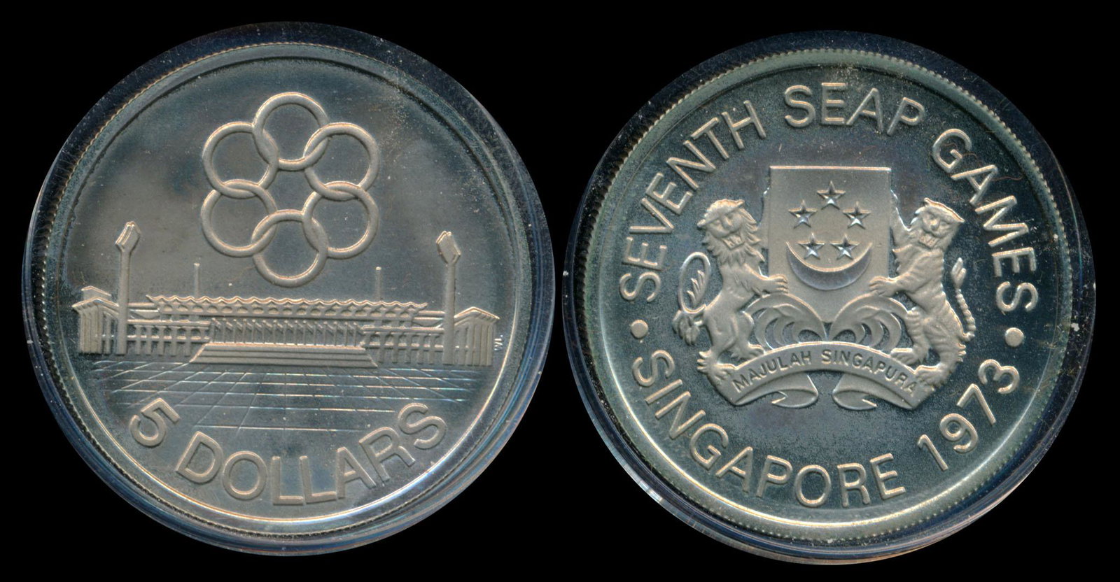 Singapore $5 1973 7th Seap Games proof: Singapore $5, (KM.10), 1973, 7th Seap Games, silver proof, toned, with original box of issue (damaged).