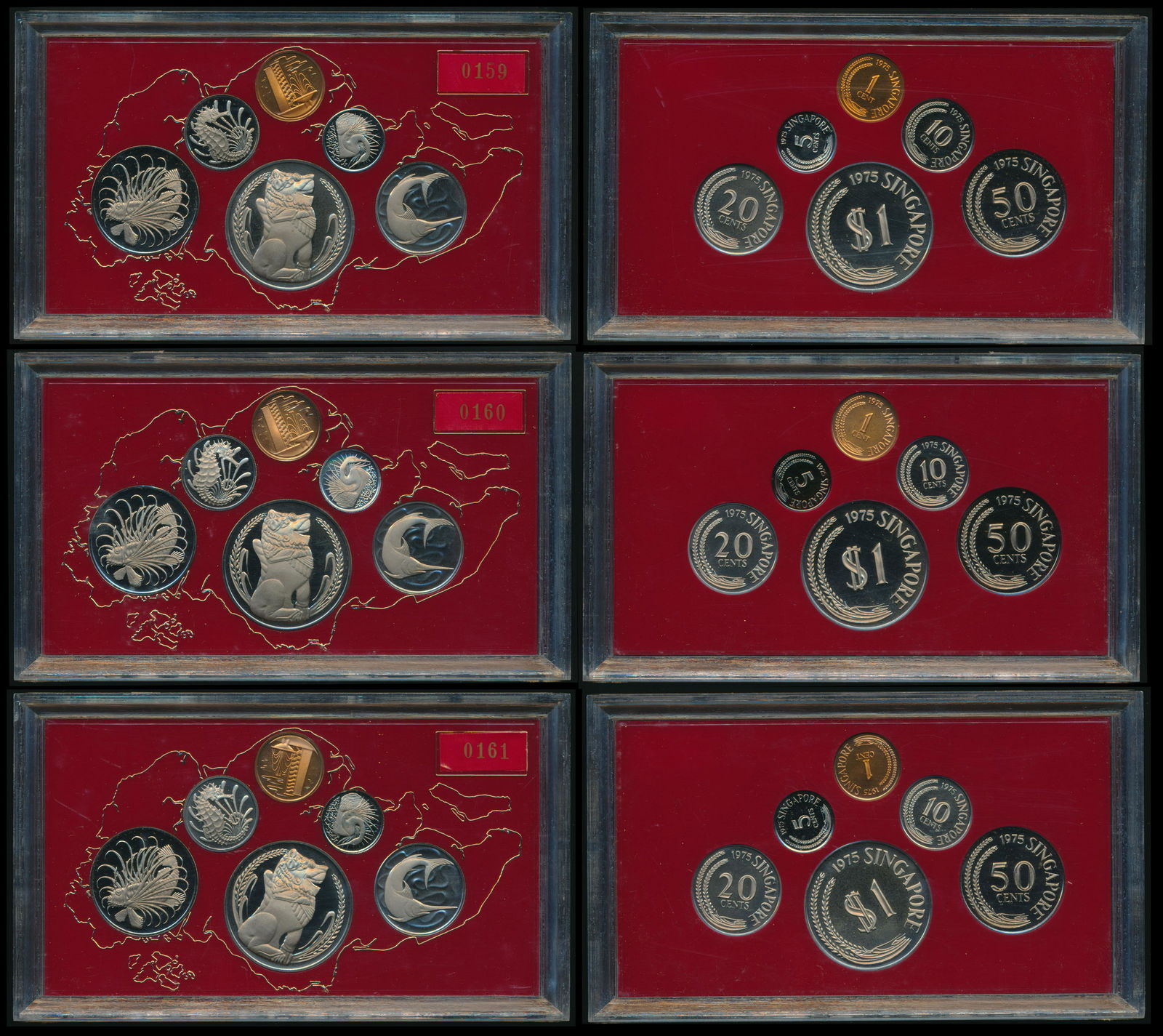 3 Singapore 1c-$1 1975 proof set: Singapore Cent to $1, (KM.PS7), 1975, proof sets, with original case of issue. With certificate of authenticity nos. 0159, 0160, 0161. (3 sets)