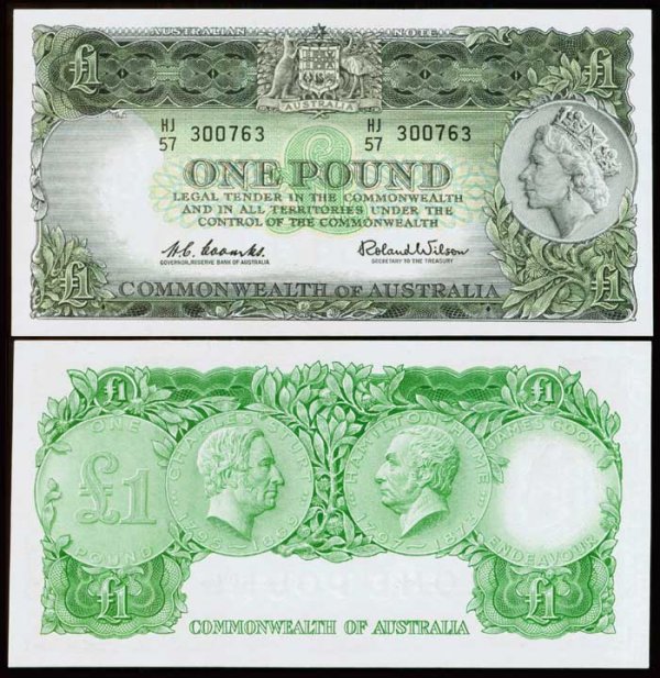 Australia 1 Pound QEII 1961-65 P34a UNC: Australia Reserve Bank, 1 Pound, ND (1961-65), Queen Elizabeth II, (P.34a), serial no. HJ/57 300763, UNC.