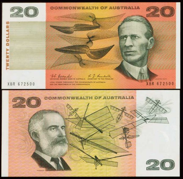 Australia $20 1967 P41b AU: Australia Reserve Bank, $20, ND, signs. Coombs/Randall (1967), (P.41b), serial no. XBR 672500, pressed, centre fold, thus AU.