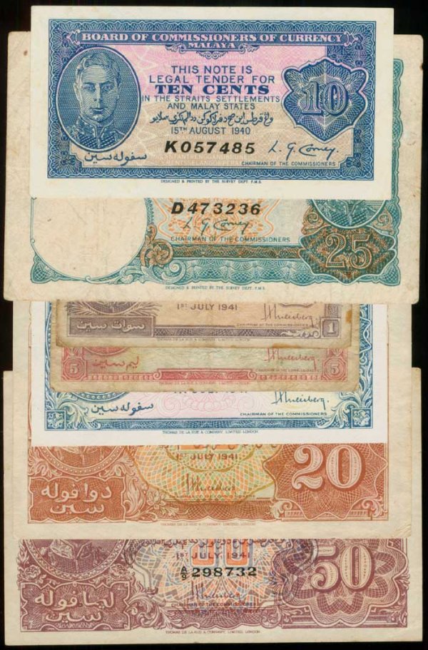 7 Malaya KGVI 10c 25c 1940 1c-50c 1941: Malaya 10 Cents, 15 August 1940, serial no. K 057485; 25 Cents, 1 September 1940, serial no. D 473236; Cent, 5, 10, 20, 50 Cents, 1 July 1941, K
