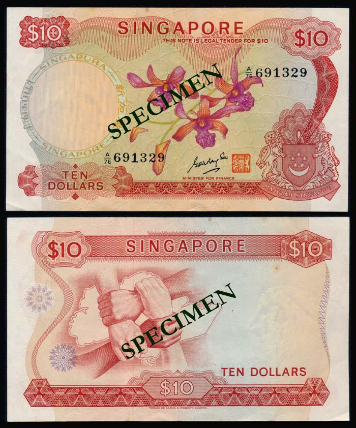 Singapore $10 1970 GKS: Singapore $10, (1970), orchids, sign. Goh Keng Swee, serial nos. A/76 691329, ageing, VF.