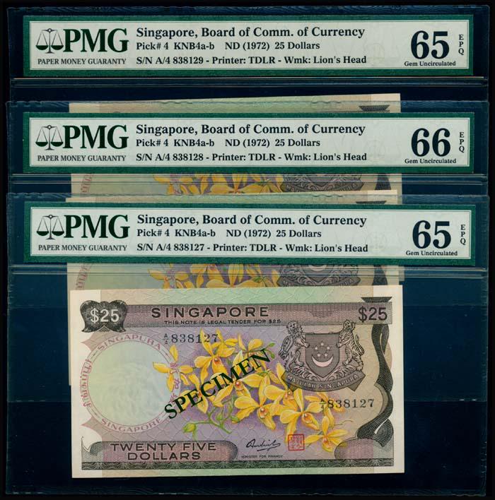 Singapore 3x$25 1972 PMG: Singapore $25, (1972), orchids, serial nos. A/4 838127 to 129, 3 consecutive notes, the serial no. A/4 838128 graded PMG Gem UNC66EPQ, all others graded PMG Gem UNC65EPQ. (3)