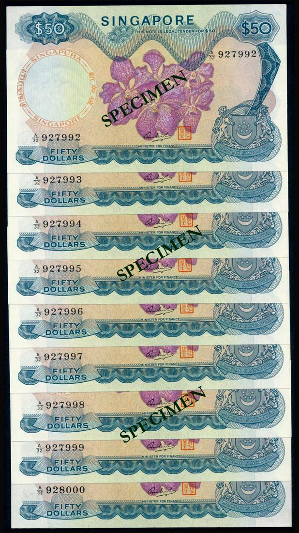 Singapore 9x$50 1973 HSS w/seal: Singapore $50, (1973), orchids, sign. Hon Sui Sen with seal, serial nos. A/32 927992 to 928000, 9 consecutive notes, generally AU. (9)