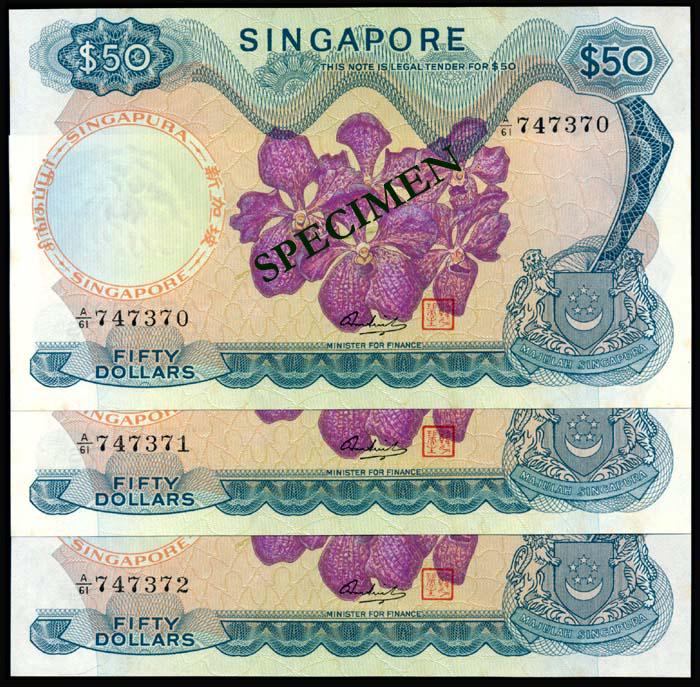 Singapore 3x$50 1973 HSS w/seal: Singapore $50, (1973), orchids, sign. Hon Sui Sen with seal, serial nos. A/61 747370 to 372, 3 consecutive notes, ageing, generally EF. (3)