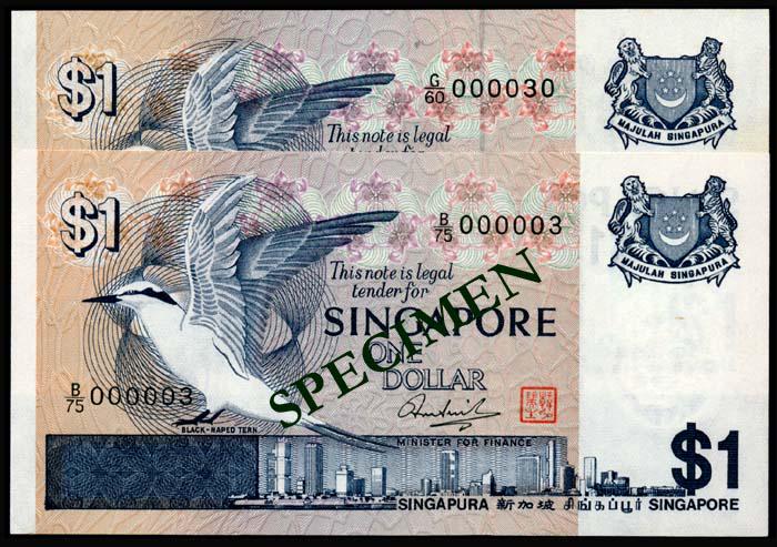 Singapore 2x$1 1976 bird: Singapore $1, (1976), bird, serial nos. B/75 000003, G/60 000030, ageing, generally AU-UNC. (2)
