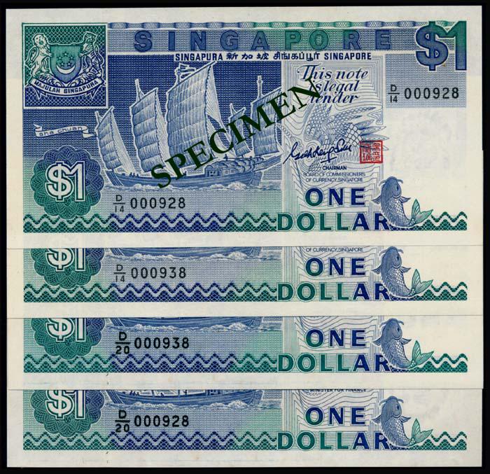 Singapore 4x$1 1987 ship GKS HTT last prefix: Singapore $1, (1987), ship, sign. Goh Keng Swee, serial nos. D/14 000928, D/14 000938, both last prefix; $1, (1987), ship, sign. Hu Tsu Tau, serial nos. D/20 000928, D/20 000938, both last prefix; som
