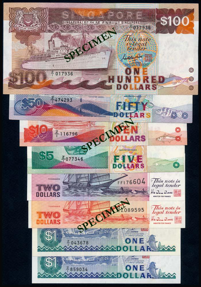 8 Singapore $1-$100 1985-94 replacements: Singapore $1, (1987), ship, sign. Goh Keng Swee, serial nos. Z/1 859034, Z/2 043678; $2, (1990), ship, orange, serial no. ZZ 089595; $2, (1992), ship, purple, serial no. FF 176604; $5, (1989), ship, s