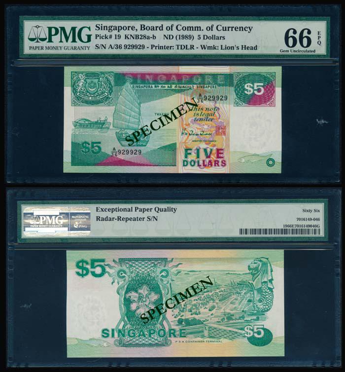 Singapore $5 1989 ship PMG Gem UNC66EPQ: Singapore $5, (1989), ship, serial no. A/36 929929, PMG Gem UNC66EPQ.