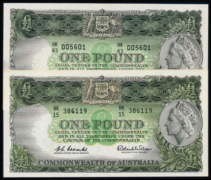 Australia 2xPound 1961-65 QEII: Australia Commonwealth of Australia, Reserve Bank, Pound, ND (1961-65), Queen Elizabeth II, signs. Coombs/Wilson, (P.34a), serial nos. HK/15 386119, HK/43 005601, some ageing, generally AU-UNC. (2)