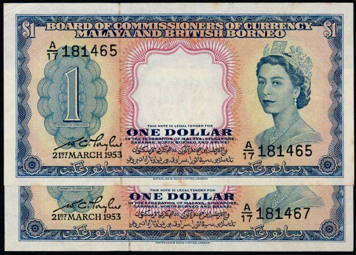 Malaya Br Borneo 2x$1 1953 QEII: Malaya & British Borneo $1, 21 March 1953, Queen Elizabeth II, (P.1a; Tan M18), serial nos. A/17 181465, A/17 181467, flattened, ageing, generally VF-EF. (2)