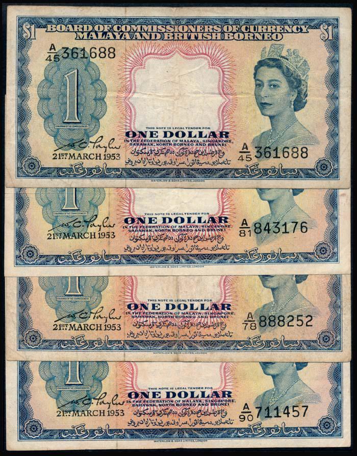 Malaya Br Borneo 4x$1 1953 QEII: Malaya & British Borneo $1, 21 March 1953, Queen Elizabeth II, (P.1a; Tan M18), various serial nos., stains, ageing, generally VF. (4)