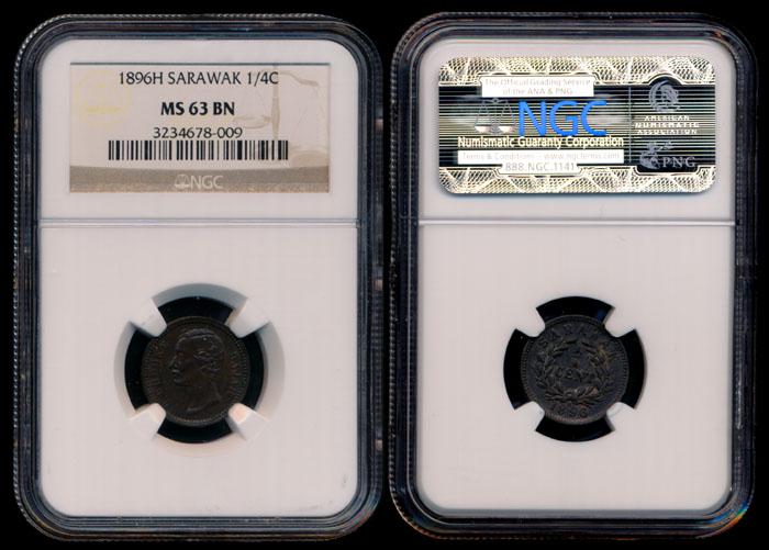 Sarawak C Brooke 1/4c 1896H NGC: Sarawak C. Brooke, Quarter Cent, (KM.4), 1896H, NGC MS63BN.