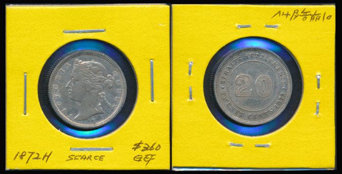 Straits Settlements QV 20c 1872H (1 of 1)