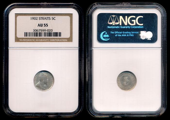 Straits Settlements KEVII 5c 1902 NGC AU55 (1 of 1)