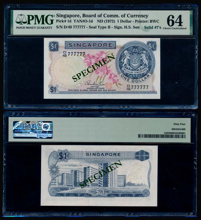 Singapore $1 1972 HSS w/seal D/48 777777 PMG (1 of 1)