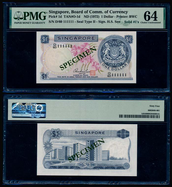 Singapore $1 1972 HSS w/seal D/60 111111 PMG (1 of 1)