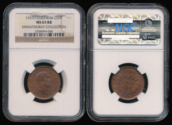 Sarawak CV Brooke 1c 1937H NGC MS65RB: Sarawak C.V. Brooke, Cent, (KM.18), 1937H, NGC MS65RB. From the Sinnathuray Family Collection.