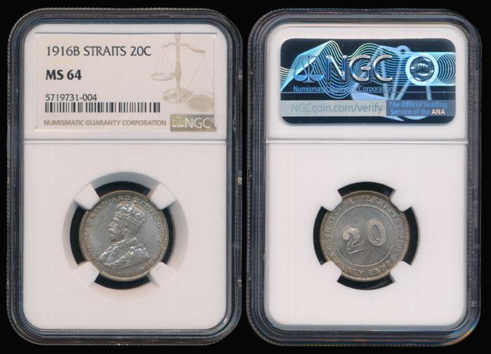 Straits Settlements KGV 20c 1916B NGC MS64 (1 of 1)