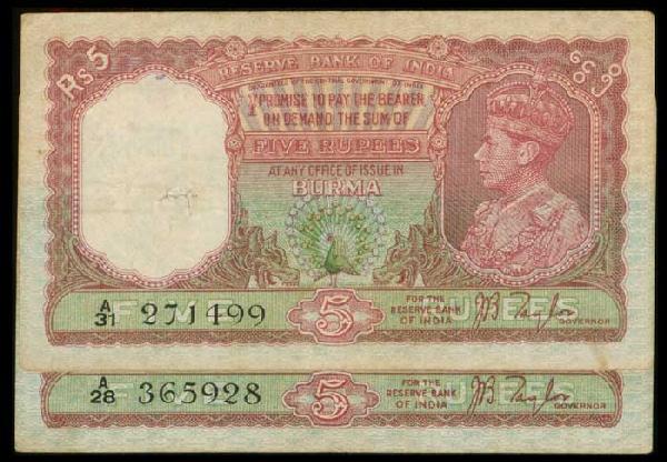 Burma 5 Rupees 1938 KGVI P4 VF (2): Burma Reserve Bank of India, 5 Rupees, ND (1938), King George VI, (P.4), serial nos. A/31 271499, A/28 365928, spindle hole, foxing, VF. (2)