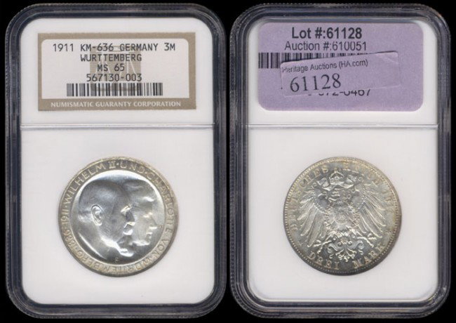 German States Wurttemberg 3M 1911F NGC MS65: German States Wurttemberg, Wilhelm II, 3 Mark, (KM.636), 1911F, NGC MS65.